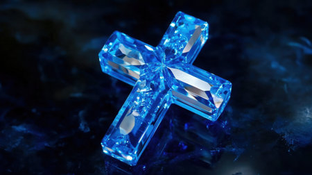 A stunning blue crystal cross glows in low light, revealing detailed artistry in a grand dark setting for visual impactの素材