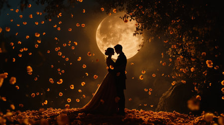 Romantic silhouettes of Catrina and her lover embrace under the full moon, surrounded by falling marigold petals in a serene nightの素材