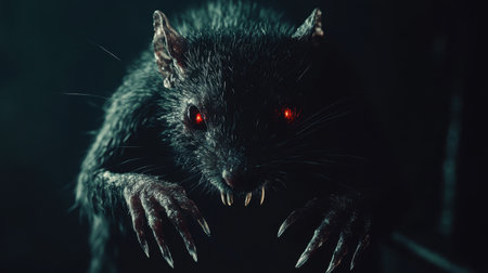 Sinister-looking humanoid rat creature with sharp claws and fiery red eyes, grinning mischievously in the shadowsの素材