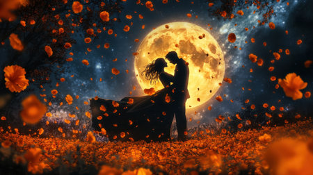 Romantic silhouettes of Catrina and her lover embrace under the full moon, surrounded by falling marigold petals in a serene nightの素材