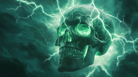 A glowing green lightning bolt encircles a skull, highlighting intricate details and casting an eerie light.の素材