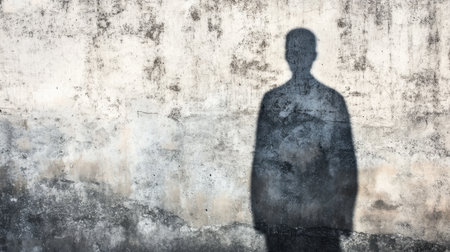Moody shadow of a person with indistinct features stretching across a cold concrete wall, evoking intrigue and mystery.の素材
