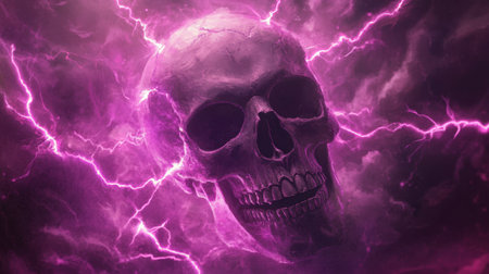 A skull surrounded by vivid purple lightning, highlighting its details and adding a mystical aura to the composition.の素材