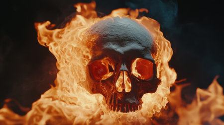A human skull engulfed in flames, highlighting its intricate textures and shadows against a black background.の素材