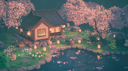A tranquil Chinese house stands amidst cherry blossoms and greenery, its lanterns glowing softly.の素材