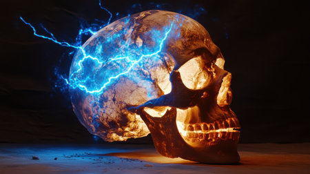 A human skull illuminated by a vivid blue lightning bolt, with striking textures and shadows against a dark background.の素材