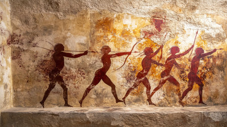 Ancient wall art showcases figures with spears, capturing the essence of early human storytelling.の素材