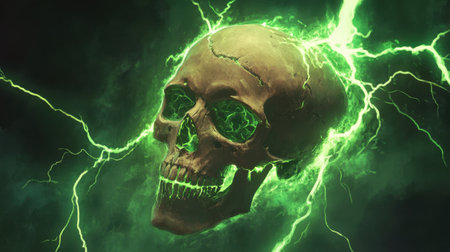 A detailed human skull with vivid green lightning bolts wrapping around it, creating a striking and eerie visual.の素材
