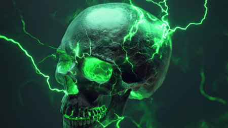 A detailed human skull with vivid green lightning bolts wrapping around it, creating a striking and eerie visual.の素材