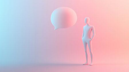 A sleek 3D figure stands beneath a floating chat bubble, surrounded by soothing pastel tones, symbolizing introspection and communication.の素材