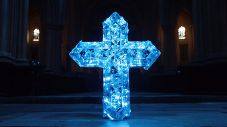 Intricate blue crystal cross illuminated in dark, grand setting, with light reflecting delicate details and craftsmanshipの素材
