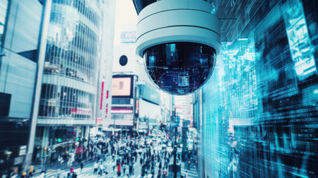 A lively urban landscape showcasing a surveillance camera and futuristic digital elements, surrounded by skyscrapers and busy streets.の素材