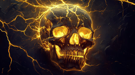 A human skull illuminated by a vibrant yellow lightning bolt, highlighting intricate details and sharp textures in a dark setting.の素材