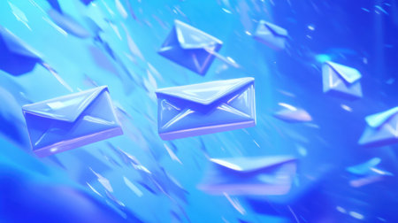 Digital email icons scatter across a vivid blue canvas, representing modern communication tools.の素材