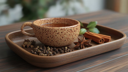 Hot masala tea in a ceramic cup, with star anise, cinnamon, and cardamom styled as vibrant elements, on a wooden tray.の素材