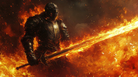 Heroic knight with flaming armor and a fiery sword, bathed in intense heat and ready for battle in a mythical land of fire.の素材