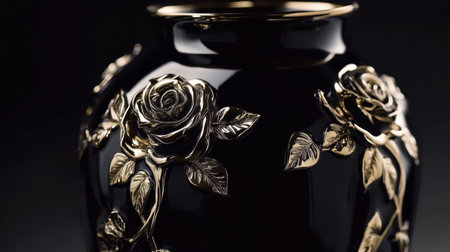 Sophisticated black vase decorated with intricate rose motifs, embodying elegance with a refined floral design on a glossy finish.の素材