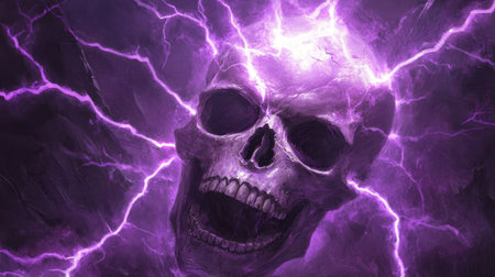 Crackling purple lightning envelops a detailed skull, emphasizing intricate textures and contours in a shadowy setting.の素材
