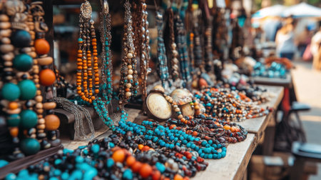 A bustling street fair features artisan vendors displaying unique handmade jewelry and crafts.の素材