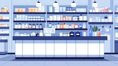 A clean, modern pharmacy with well-organized shelves displays a variety of medications in a welcoming environment.の素材