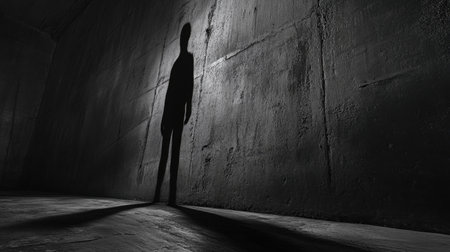 Mysterious shadow cast on a rough concrete surface, with dramatic lighting enhancing the dark, unsettling atmosphere.の素材