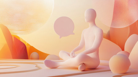 A contemplative 3D figure under a chat bubble in a calming digital space with soft geometric patterns and muted colors.の素材