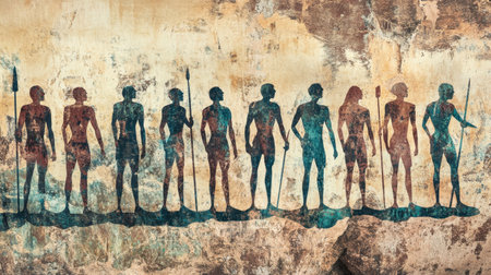 Ancient wall art showcases figures with spears, capturing the essence of early human storytelling.の素材