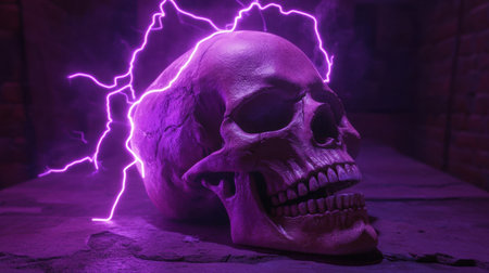 A realistic skull illuminated by glowing purple lightning bolts, creating an eerie and dramatic atmosphere against a dark background.の素材