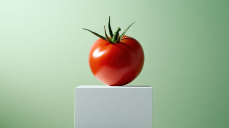 A bold red tomato shines on a minimalist white pedestal, set against a serene green gradient.の素材