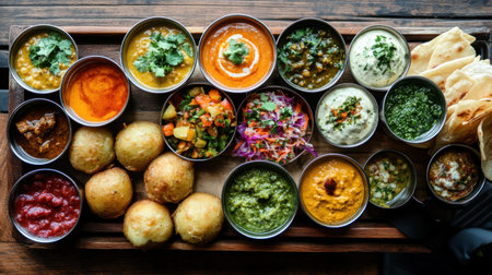Deep-fried potato bonda balls served on a wooden tray, with chutneys and fresh coriander, in a vibrant setup.の素材