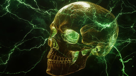 Green lightning crackles around a realistic skull, illuminating its textures and contours against a black background.の素材