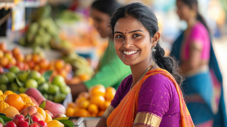 Indian employees in a supermarket's fruit section, smiling and arranging fresh fruits in colorful displaysの素材