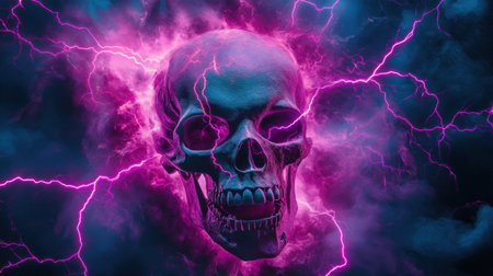 A haunting depiction of a skull with vibrant purple lightning bolts, adding a surreal and electrifying touch.の素材