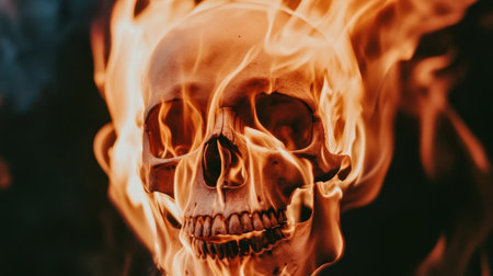 Fire encircles a human skull, illuminating its contours and casting dynamic shadows for a haunting composition.の素材