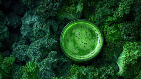 A glass of vibrant green kale juice, placed among fresh kale leaves, exudes health and freshness.の素材