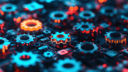 Digital icons blend with colorful gears, showcasing innovation in business automation.の素材
