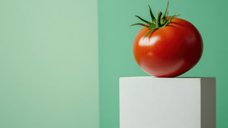 A fresh tomato, vibrant and glossy, perched on a clean white pedestal with a soft green backdrop.の素材