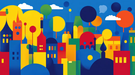 A colorful cartoon cityscape with bold speech bubbles bursts with vibrant comic energyの素材