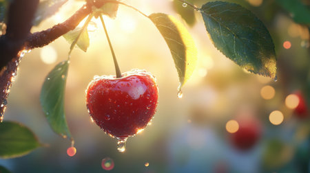 A perfect cherry sparkles with dew, cradled by fresh green leaves in warm sunlight.の素材