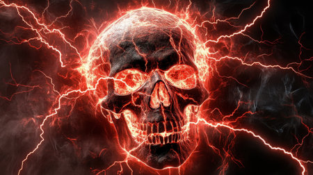 A fiery red lightning bolt illuminates the intricate textures of a skull, set against a shadowy black background.の素材
