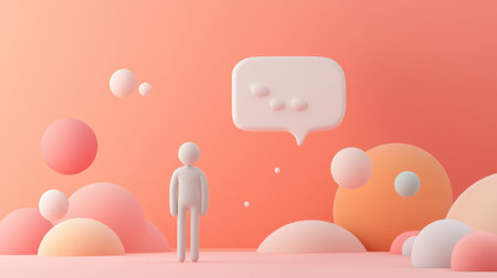 A sleek 3D figure stands beneath a floating chat bubble, surrounded by soothing pastel tones, symbolizing introspection and communication.の素材