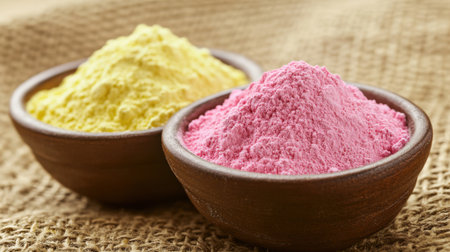 Close-up of two bowls of colorful powder, pink and yellow, arranged artistically on a textured background, perfect for festive themes.の素材