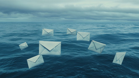 Floating emails traverse a blue gradient, evoking connectivity in the digital ageの素材