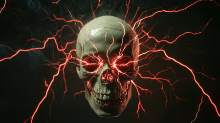 A haunting skull surrounded by crackling red lightning bolts, creating a bold and striking visual against a black background.の素材