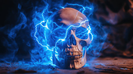 Front view of a skull with a glowing blue lightning bolt wrapping around it, creating a dramatic and electrifying composition.の素材