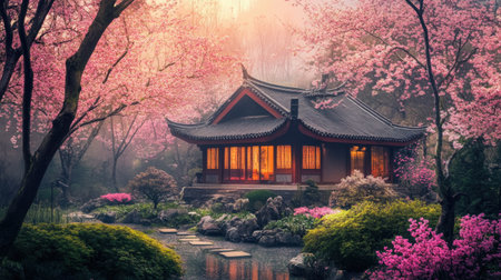 A serene Chinese house in a lush garden surrounded by vibrant cherry blossoms exudes calmness.の素材
