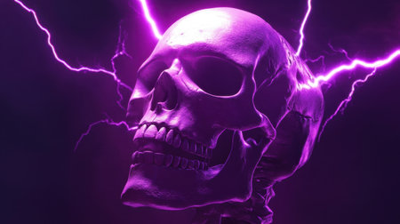 A realistic skull illuminated by glowing purple lightning bolts, creating an eerie and dramatic atmosphere against a dark background.の素材