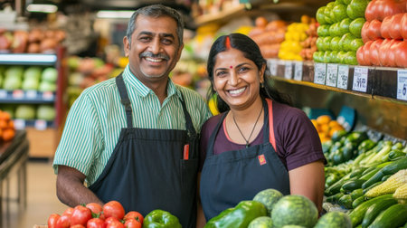 Smiling Indian man and woman in supermarket uniforms, arranging fruits and vegetables in the fresh produce section.の素材