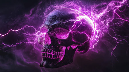 Skull art with intricate detailing, wrapped in dynamic purple lightning, creating an intense visual on a black backdrop.の素材