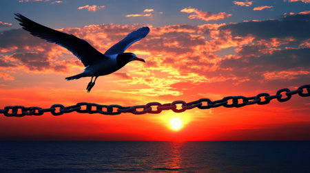 Dramatic scene of a bird in flight against a radiant sunset, evoking themes of freedom and resilience with broken chains below.の素材